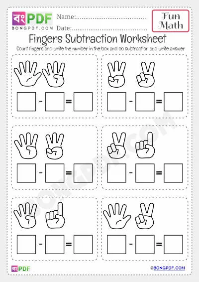 Kindergarten Fingers Subtraction Worksheets PDF Download