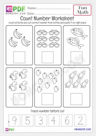 Kindergarten Numbers Count and Paste Worksheet
