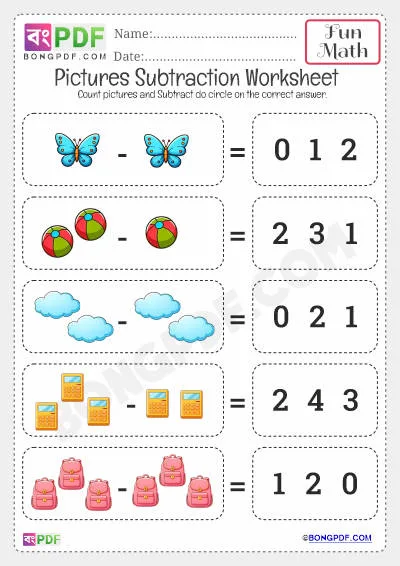 Kindergarten Subtraction Fun PDF Worksheets Download
