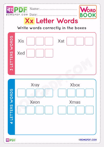 Alphabet X English Words Worksheet PDF Download