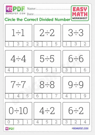 Free English Division and Circle Answer Worksheet