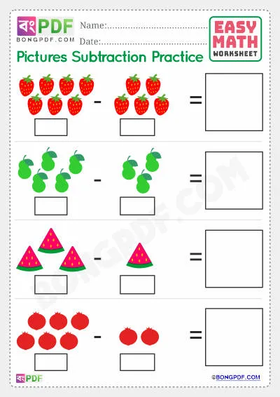 Best English Numbers Pictures Subtraction Worksheet PDF Download