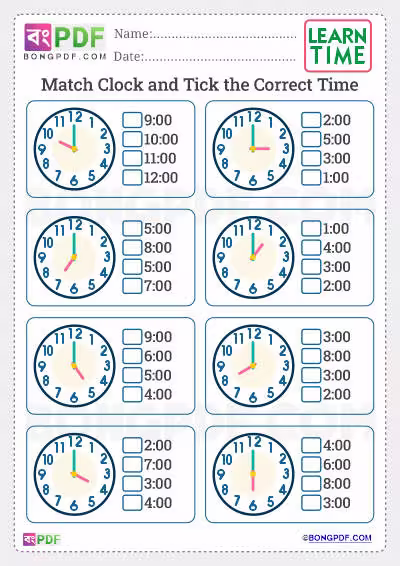 Best Match Clock Tick Correct Time English Worksheet Download