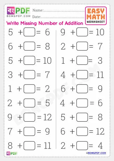 Best Missing Number Addition English Worksheet Download
