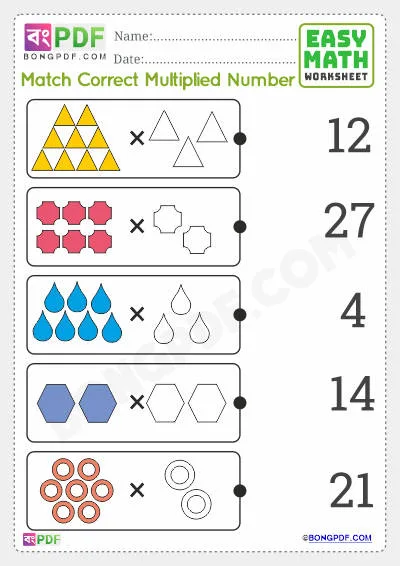 Free Match Pictures Multiplication English Worksheet PDF Download