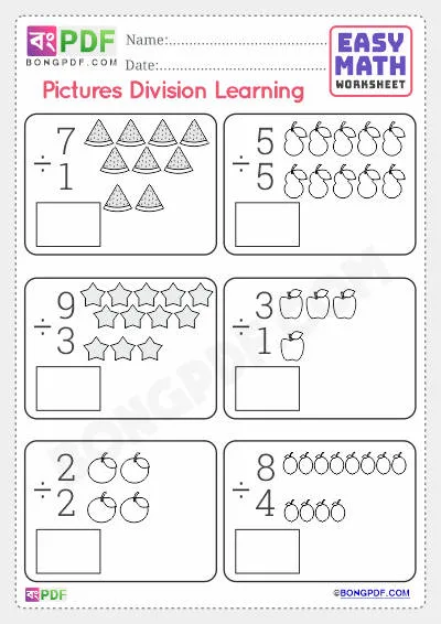 Free Pictures Division English Numbers PDF Worksheet Download