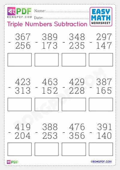 Triple Numbers Subtraction English PDF Worksheet Download