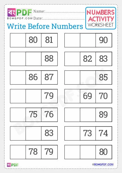 Free Write Before Numbers English Worksheet PDF Download